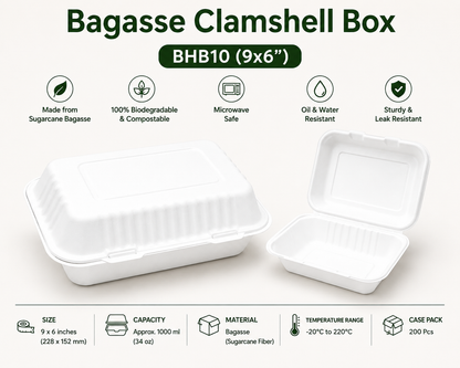 Bagasse Clamshell Box BHB10 (9x6")