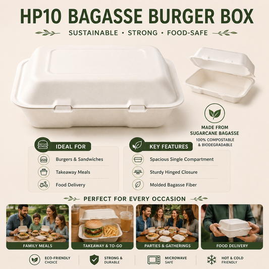 Bagasse Burger Box HP10 Pack- Takeaway Containers