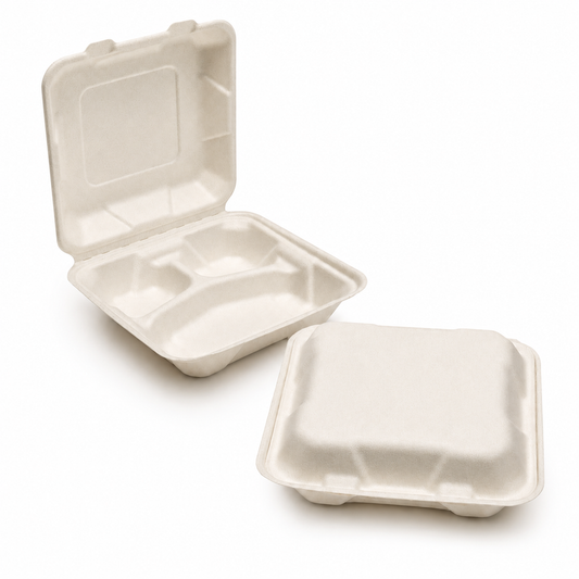 Heavy-Duty 3-Compartment Bagasse Boxes | Microwave & Freezer Safe