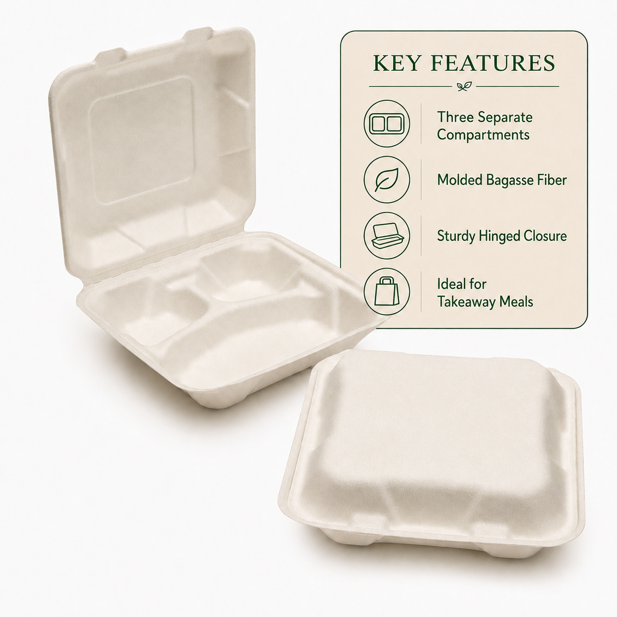 Heavy-Duty 3-Compartment Bagasse Boxes | Microwave & Freezer Safe