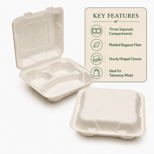 Heavy-Duty 3-Compartment Bagasse Boxes | Microwave & Freezer Safe