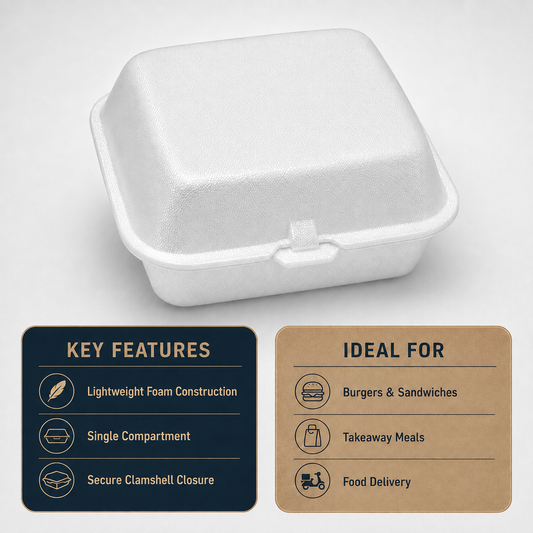 MP6 Foam Burger Box- Clamshell Takeaway Containers