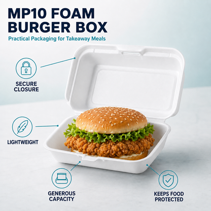 MP10 Foam Burger Box- Clamshell Takeaway Containers