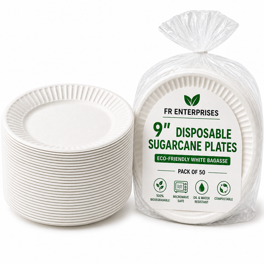 9" Disposable Sugarcane Plates – Eco-Friendly White Bagasse