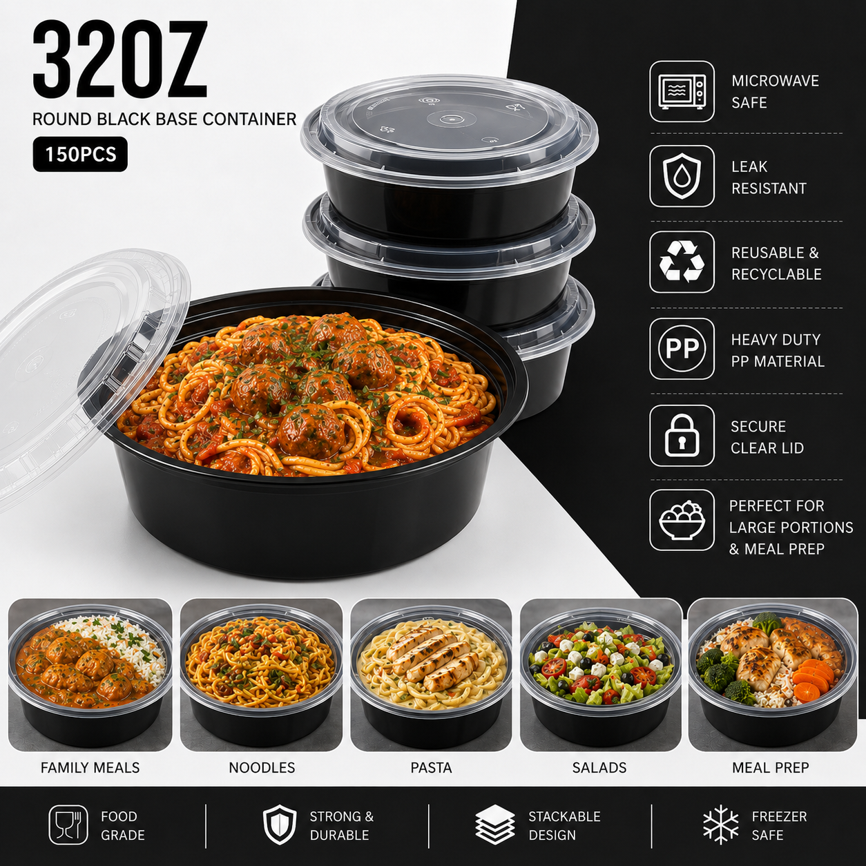 Heavy Duty Round Black Base Container with Lids