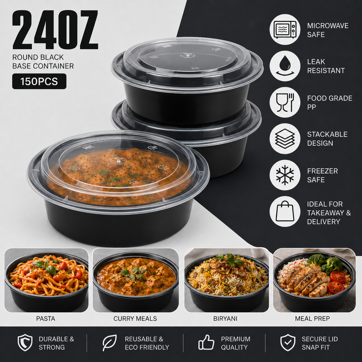 Heavy Duty Round Black Base Container with Lids