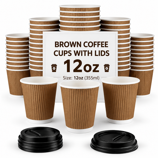Insulated 12oz Brown Ripple Cup | Triple-Wall Ripple Texture | Spill-Proof Lids