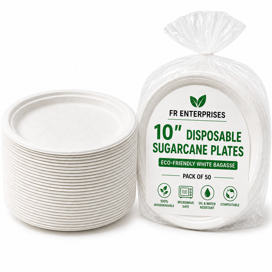 10" Disposable Sugarcane Plates – Eco-Friendly White Bagasse