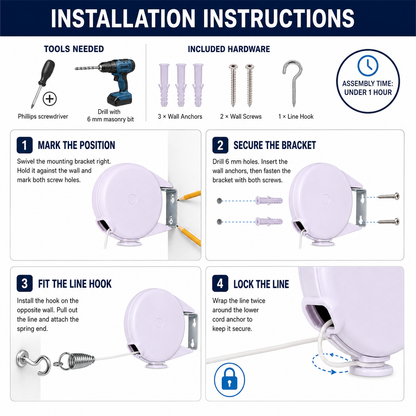 D-Lux 15m Retractable Washing Line Premium Heavy Duty Indoor Outdoor Dryer Soft Cream