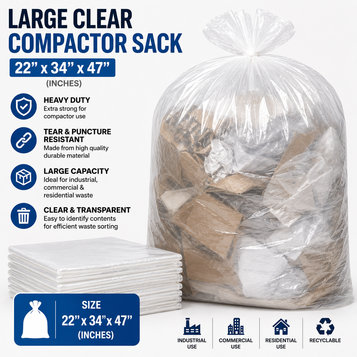Large Clear Compactor Sack (22x34x47'')