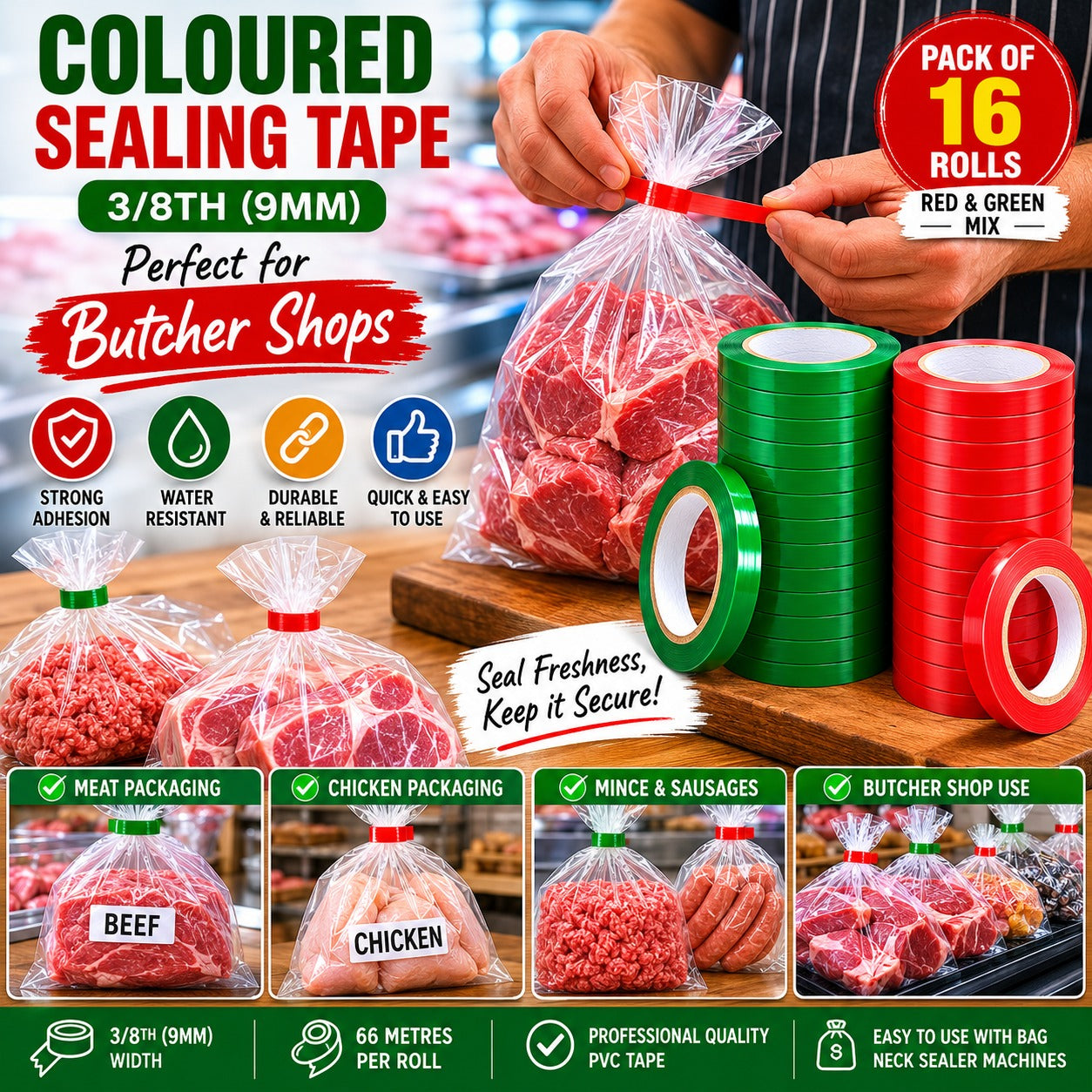 Heavy Duty Butcher/Bag Sealing Tape (3/8th) 9mm