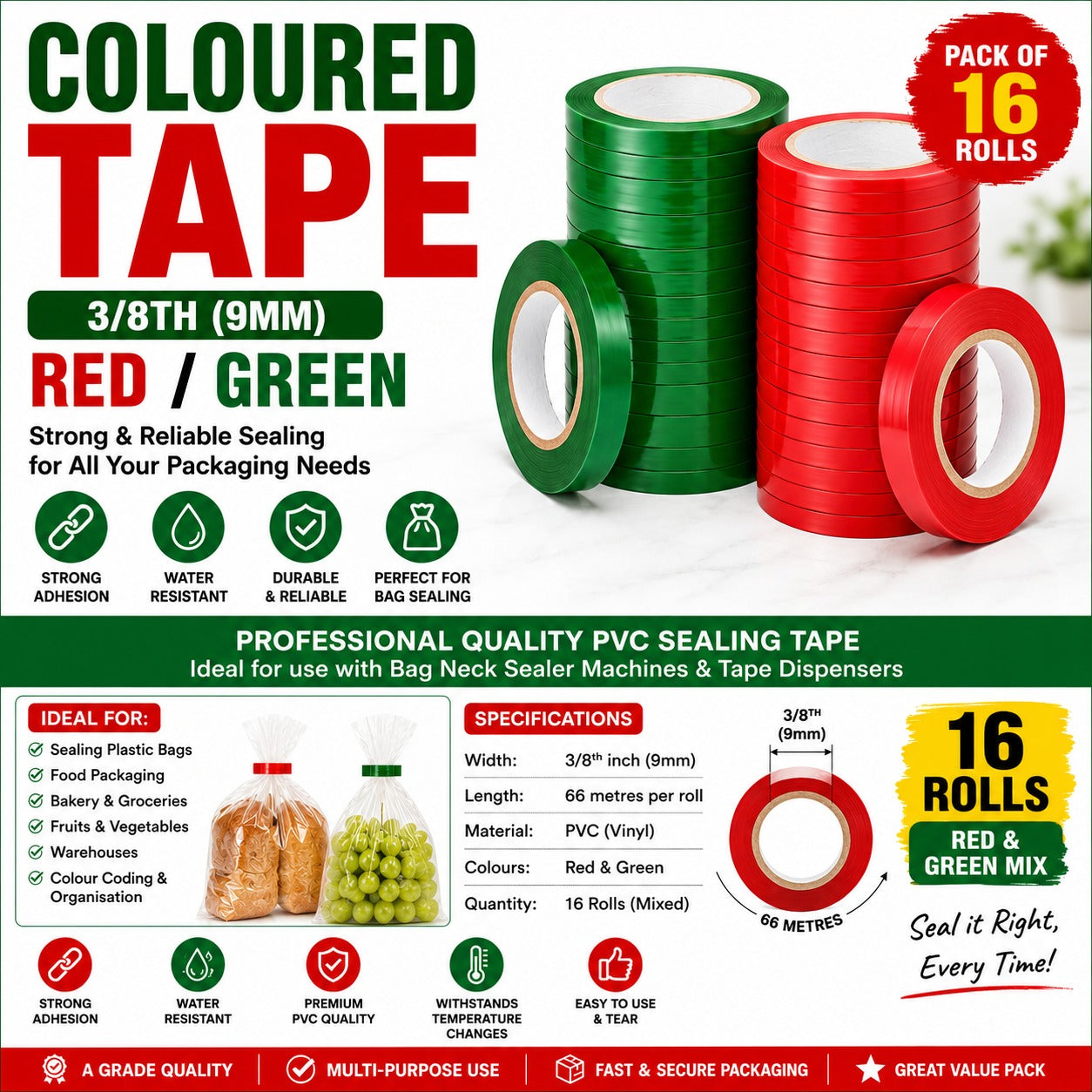 Heavy Duty Butcher/Bag Sealing Tape (3/8th) 9mm