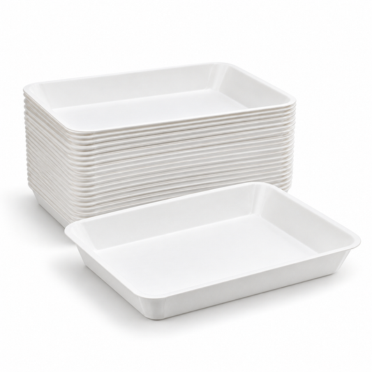 D2 white disposable food trays, single tray and stacked trays