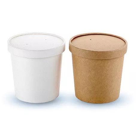 White and kraft paper soup cups with matching lids