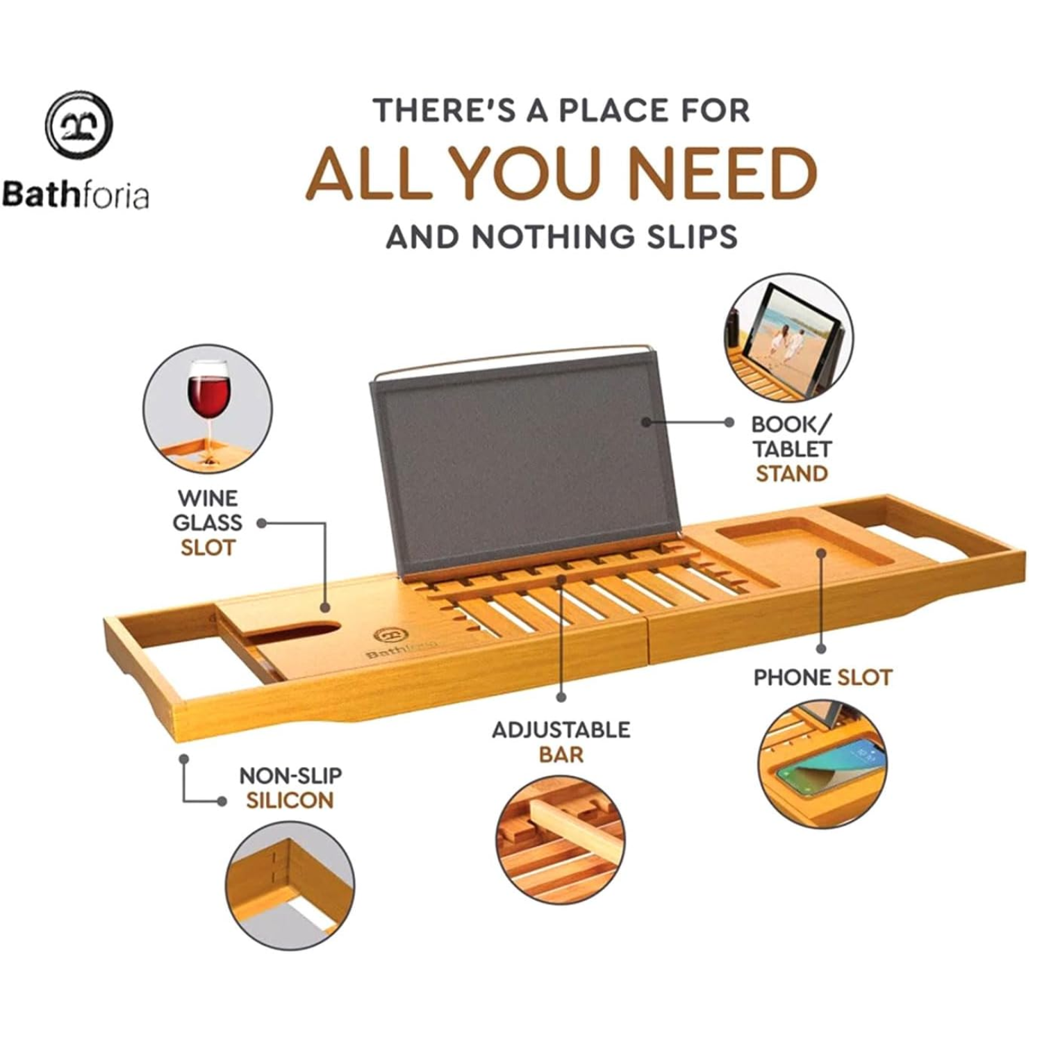 2 BATH CADDY TRAY EXTENDABLE WOODER RACK I-PAD & Book Holder - Image 2