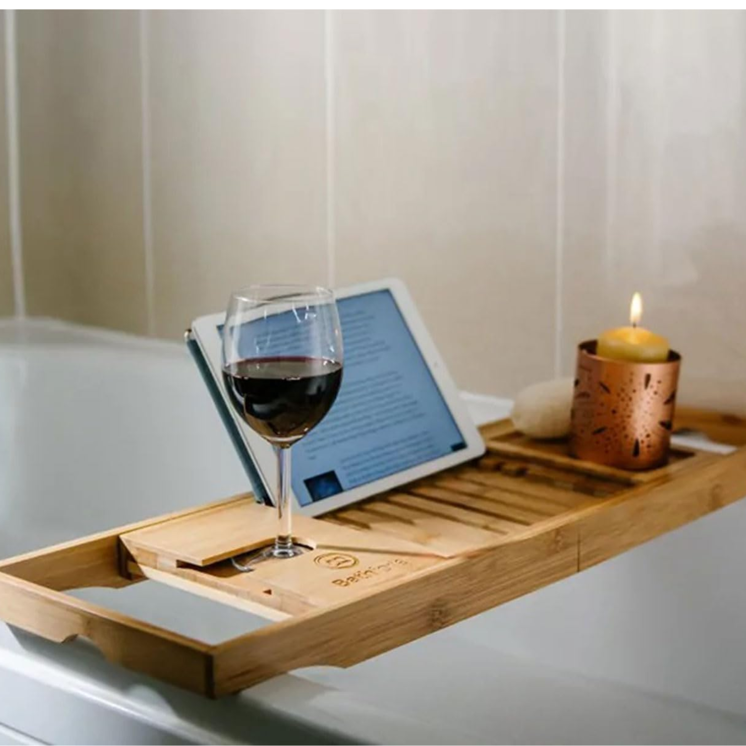 4 BATH CADDY TRAY EXTENDABLE WOODER RACK I-PAD & Book Holder - Image 4