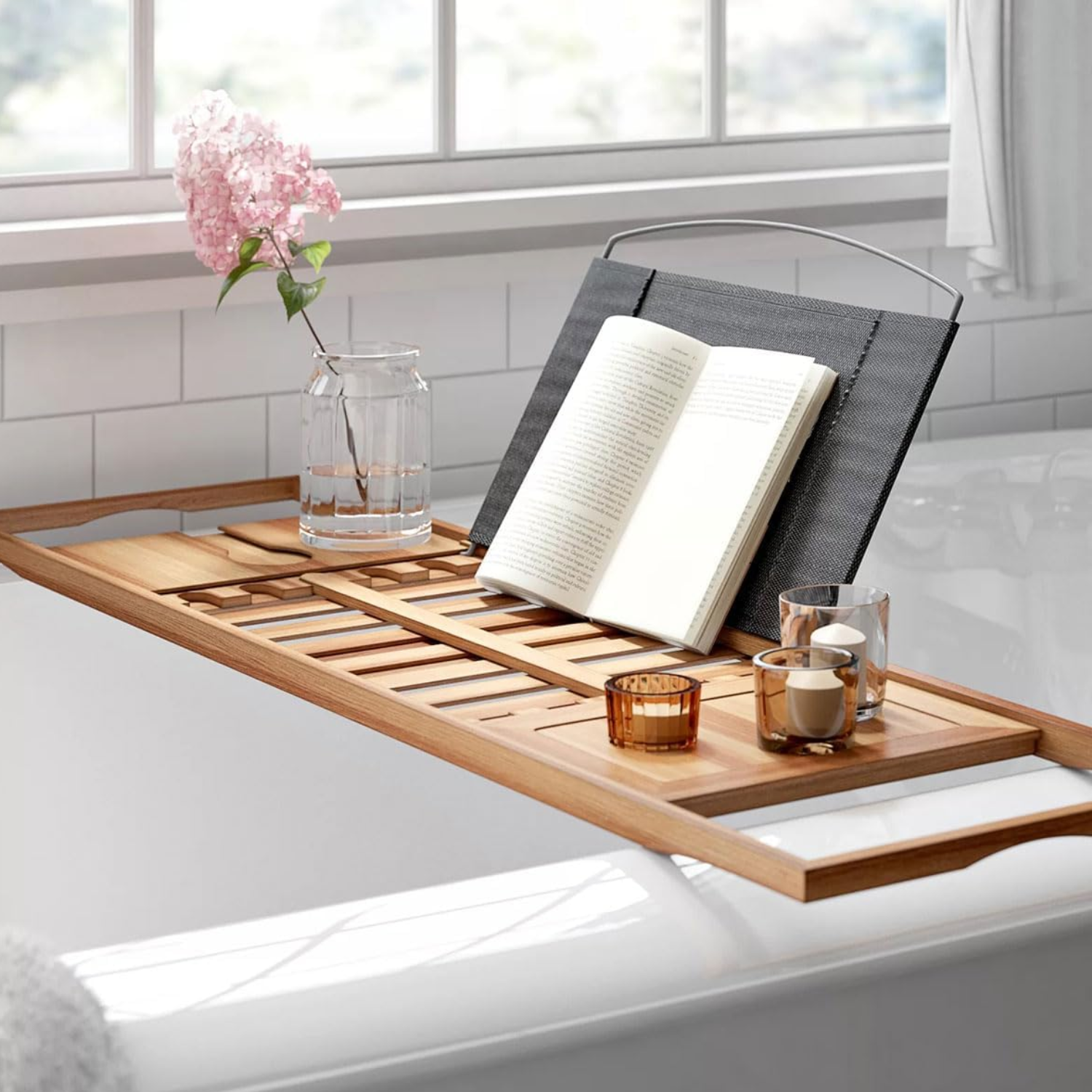5 BATH CADDY TRAY EXTENDABLE WOODER RACK I-PAD & Book Holder - Image 5