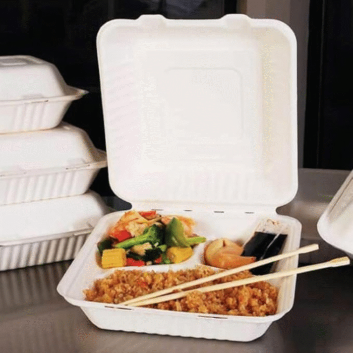 Bagasse Burger Meal Box 3 Compartment White (230x230x50mm/9x9”) - Image 2