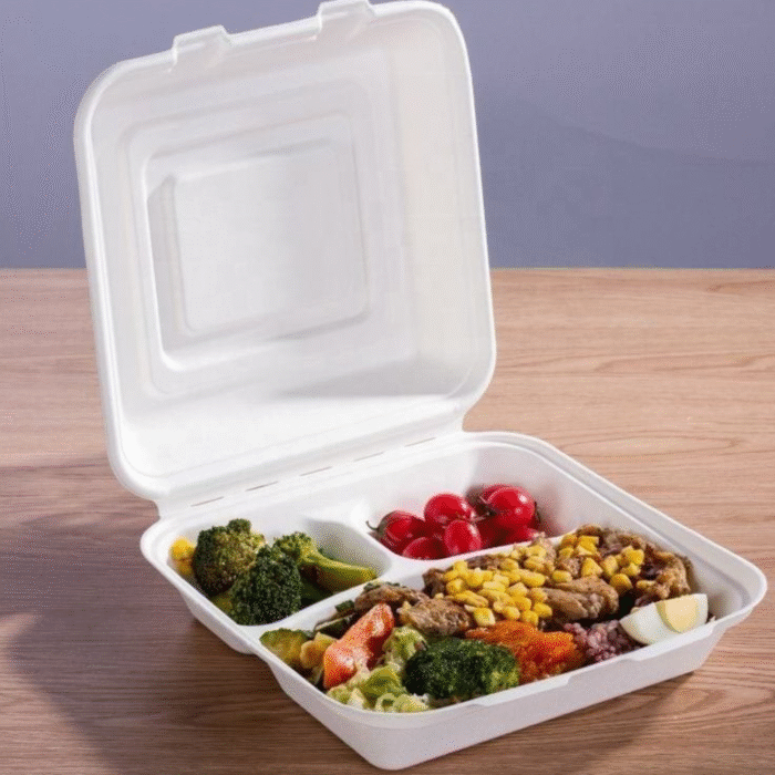 Bagasse Burger Meal Box 3 Compartment White (230x230x50mm/9x9”) - Image 3