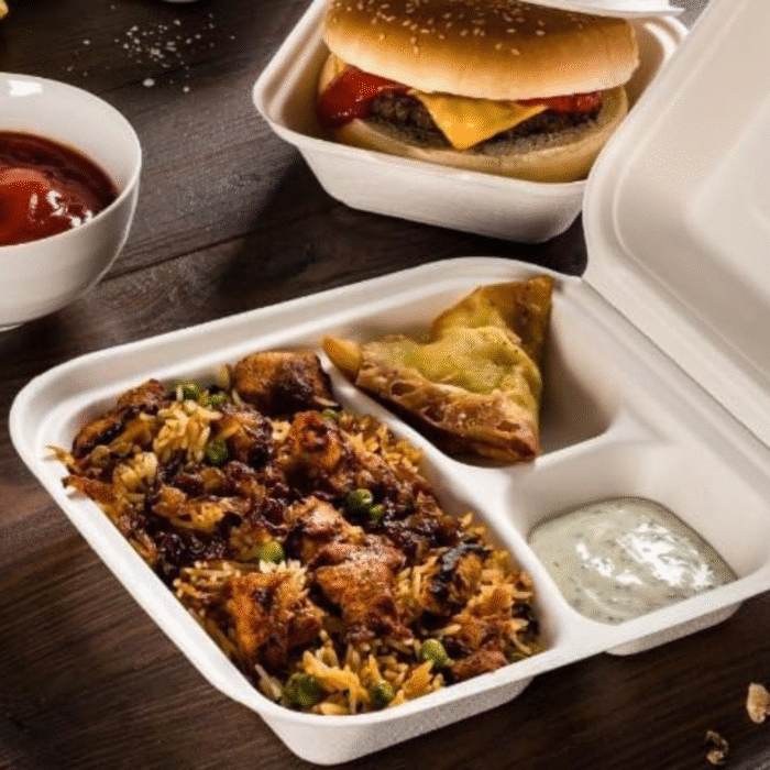 Bagasse Burger Meal Box 3 Compartment White (230x230x50mm/9x9”) - Image 4