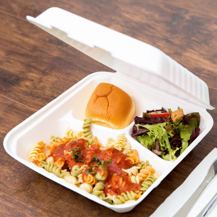 Bagasse Burger Meal Box 3 Compartment White (230x230x50mm/9x9”) - Image 5
