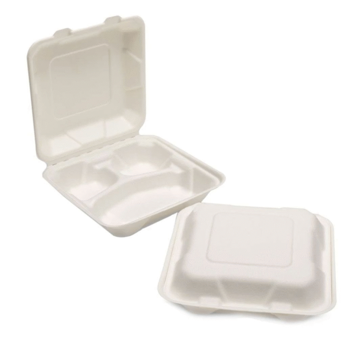 Bagasse Burger Meal Box 3 Compartment White (230x230x50mm/9x9”) - Image 1